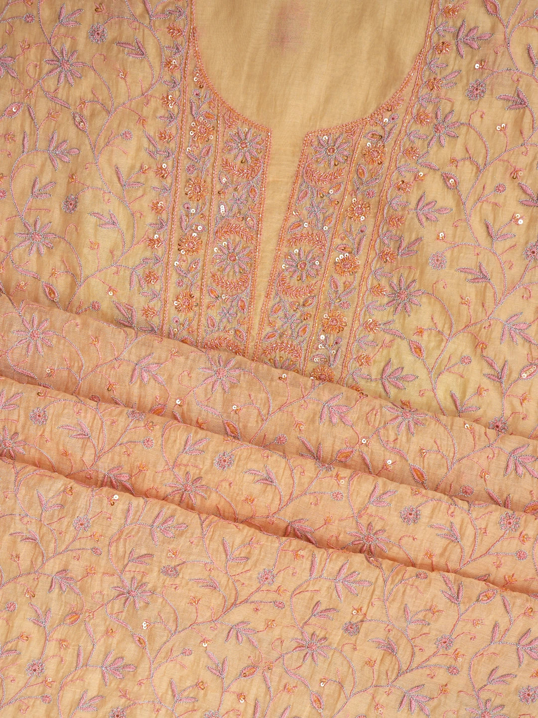 Ada Hand Embroidered Peach Chanderi Lucknowi Chikankari Unstitched Kurta Dupatta Set With Zari Work 01A685714