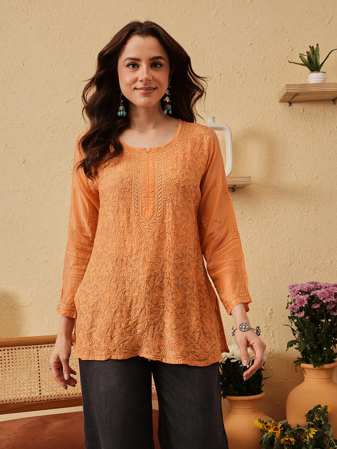 Ada Hand Embroidered Mustard Muslin Lucknowi Chikankari Short Kurti A911539