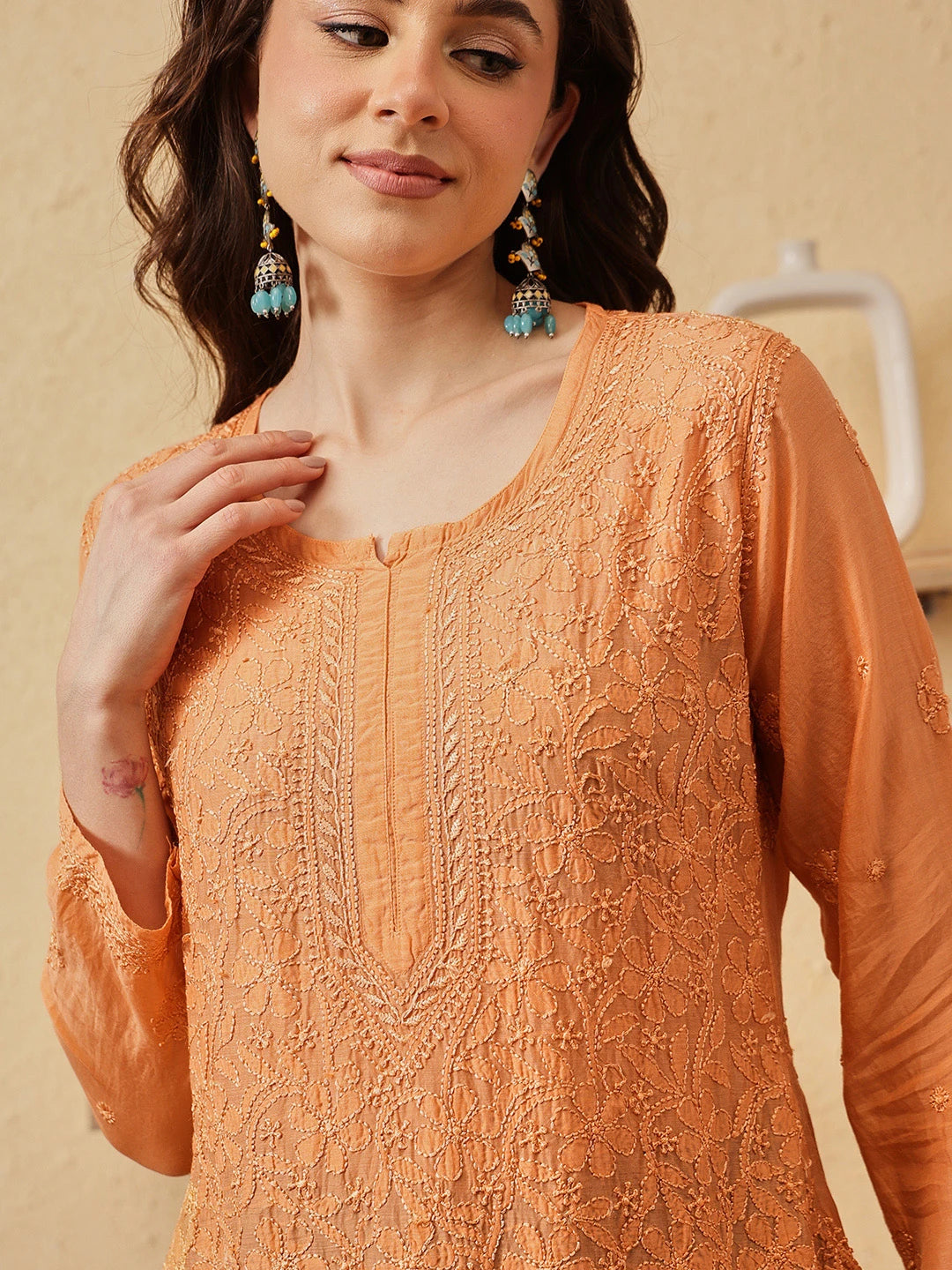 Ada Hand Embroidered Mustard Muslin Lucknowi Chikankari Short Kurti A911539