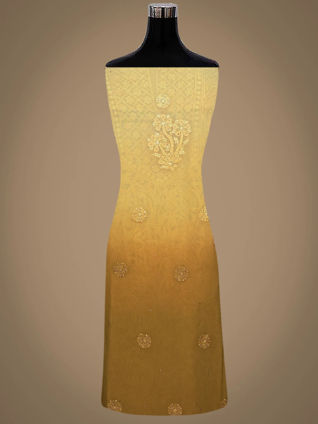 Ada Hand Embroidered Ombre Shade Of Biscuit Yellow & Dark Goldenrod Viscose Georgette Lucknowi Chikankari Unstitched Kurta Dupatta Set With Mukaish Work 01A809546