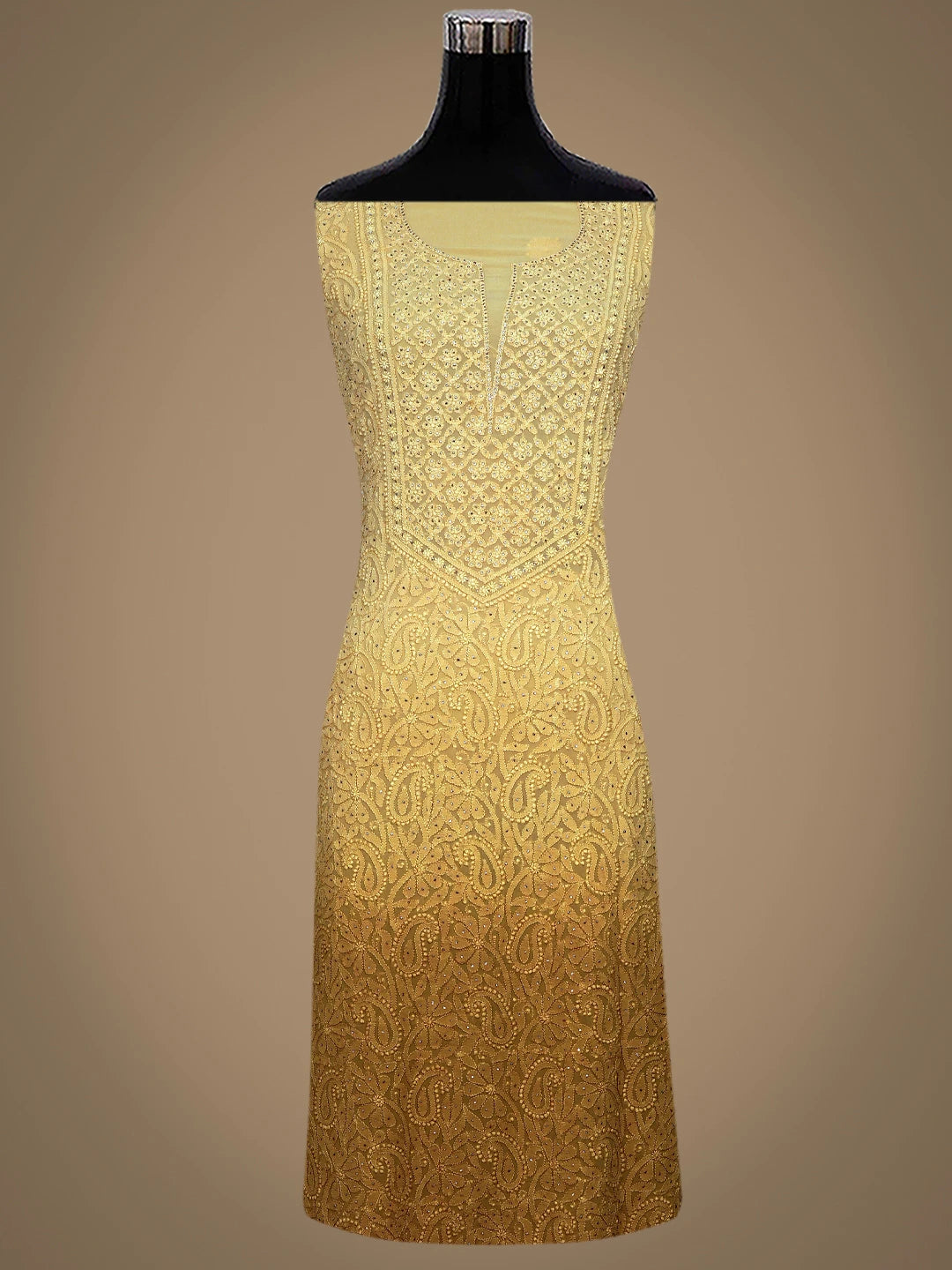 Ada Hand Embroidered Ombre Shade Of Biscuit Yellow & Dark Goldenrod Viscose Georgette Lucknowi Chikankari Unstitched Kurta Dupatta Set With Mukaish Work 01A809546