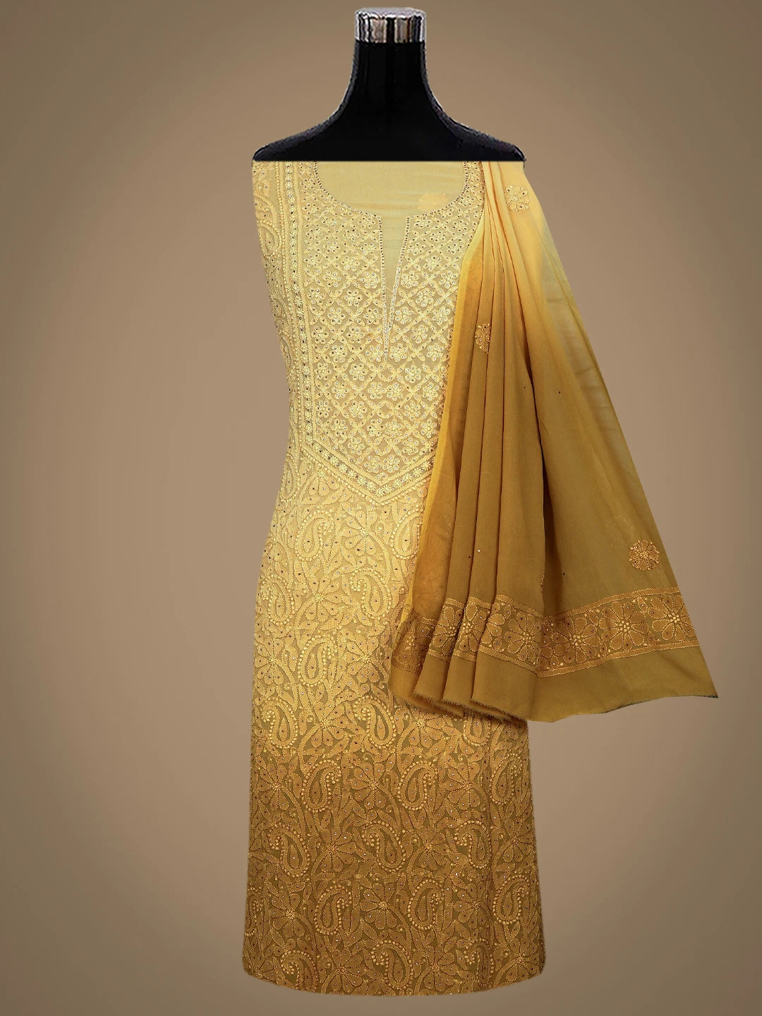 Ada Hand Embroidered Ombre Shade Of Biscuit Yellow & Dark Goldenrod Viscose Georgette Lucknowi Chikankari Unstitched Kurta Dupatta Set With Mukaish Work 01A809546