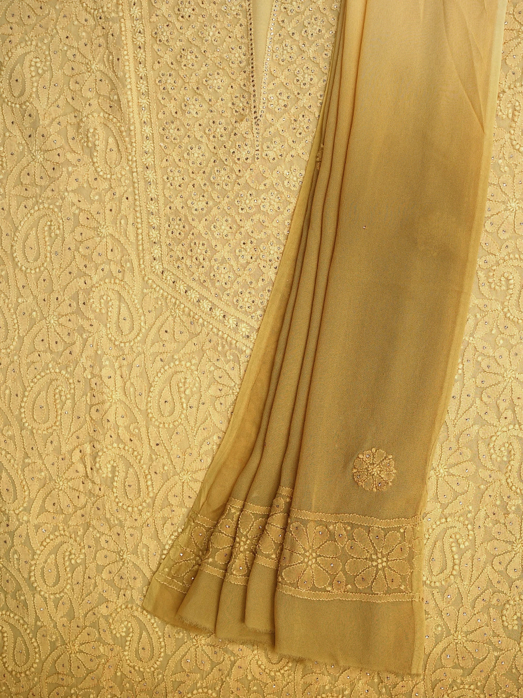 Ada Hand Embroidered Ombre Shade Of Biscuit Yellow & Dark Goldenrod Viscose Georgette Lucknowi Chikankari Unstitched Kurta Dupatta Set With Mukaish Work 01A809546