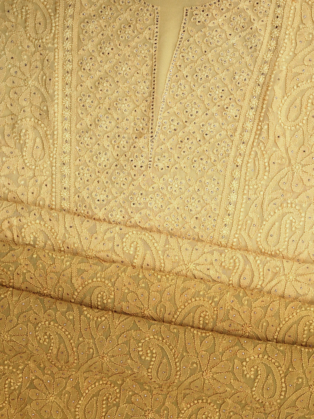 Ada Hand Embroidered Ombre Shade Of Biscuit Yellow & Dark Goldenrod Viscose Georgette Lucknowi Chikankari Unstitched Kurta Dupatta Set With Mukaish Work 01A809546