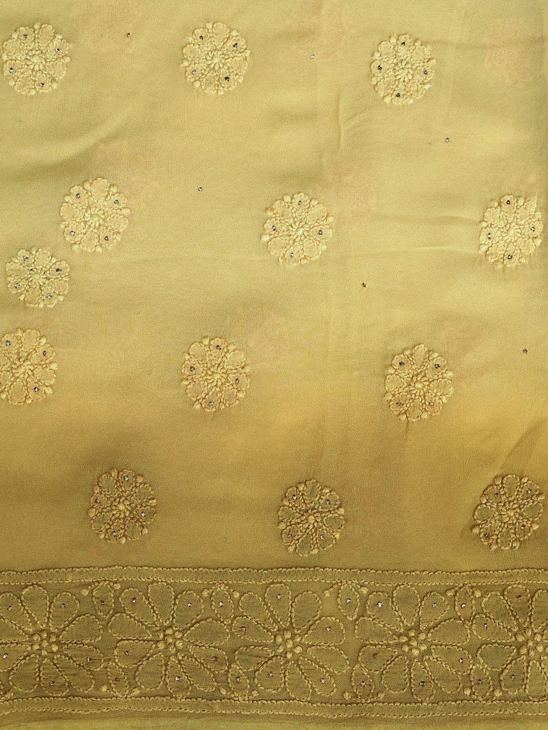 Ada Hand Embroidered Ombre Shade Of Biscuit Yellow & Dark Goldenrod Viscose Georgette Lucknowi Chikankari Unstitched Kurta Dupatta Set With Mukaish Work 01A809546