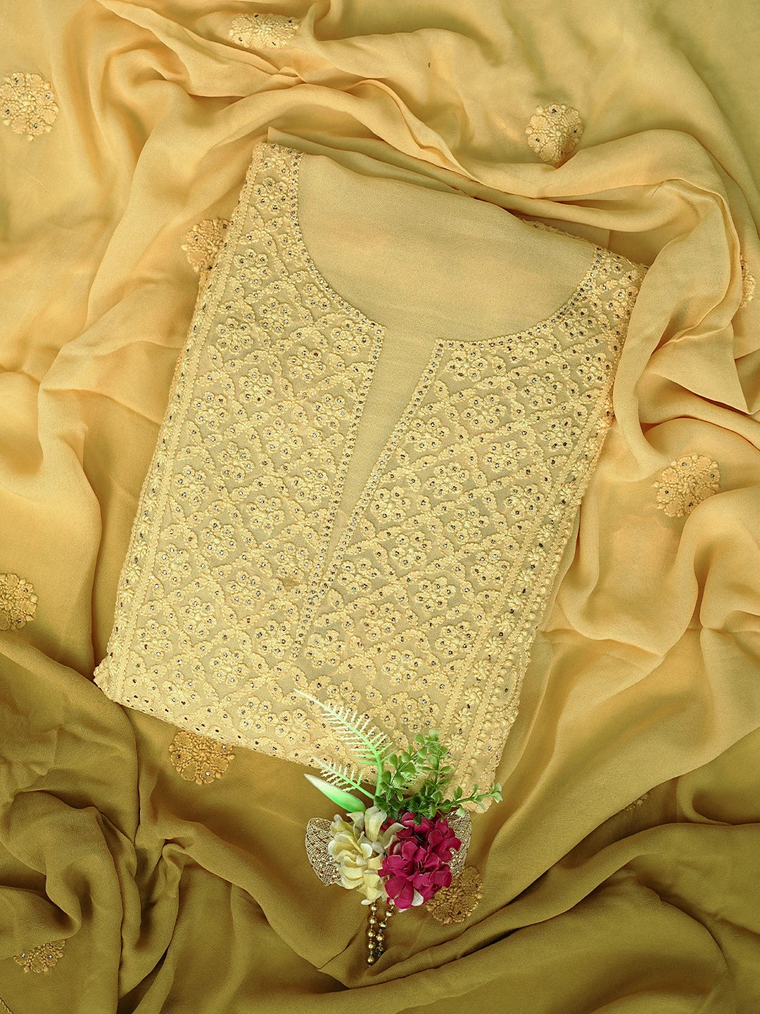 Ada Hand Embroidered Ombre Shade Of Biscuit Yellow & Dark Goldenrod Viscose Georgette Lucknowi Chikankari Unstitched Kurta Dupatta Set With Mukaish Work 01A809546