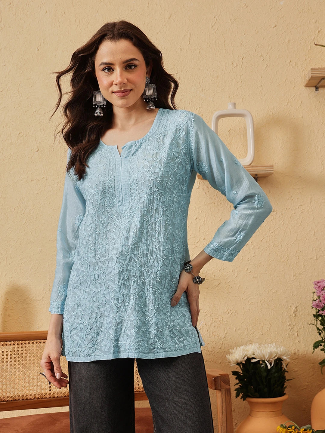 Ada Hand Embroidered Blue Muslin Lucknowi Chikankari Short Kurti A911540