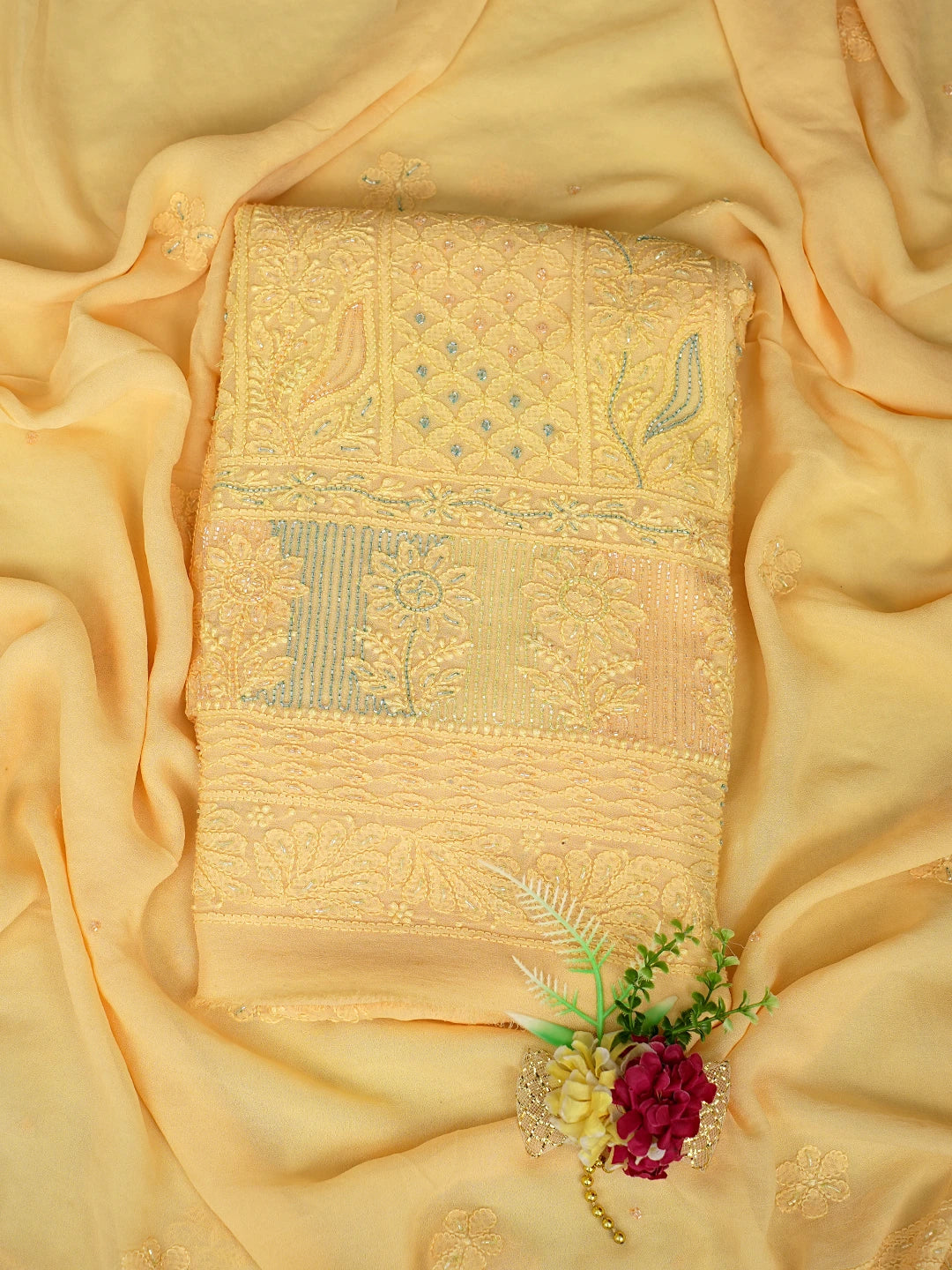 Ada Hand Embroidered Light Peach Viscose Georgette Lucknowi Chikankari Unstitched Kurta Dupatta Set With Cutdana Work 01A779516