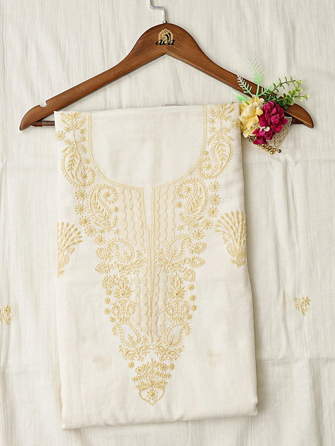 Ada Hand Embroidered White Malmal Lucknowi Chikankari Unstitched Kurta Dupatta Set 01A752343