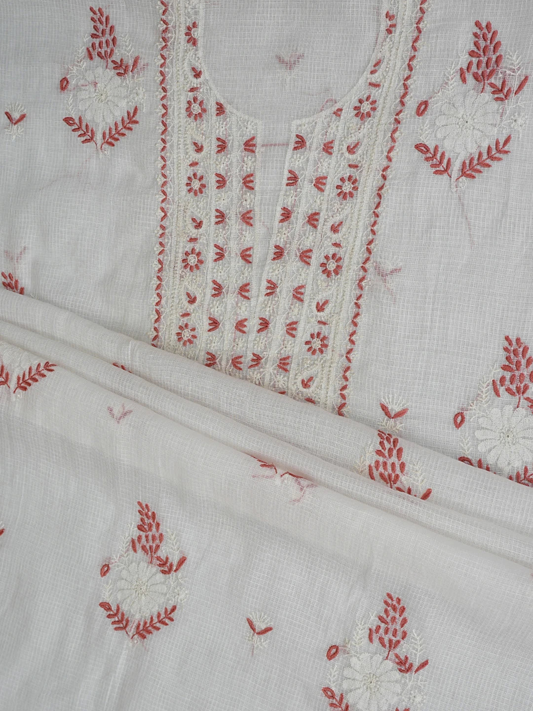 Ada Hand Embroidered White Kota Lucknowi Chikankari Unstitched Kurta Dupatta Set 01A395922
