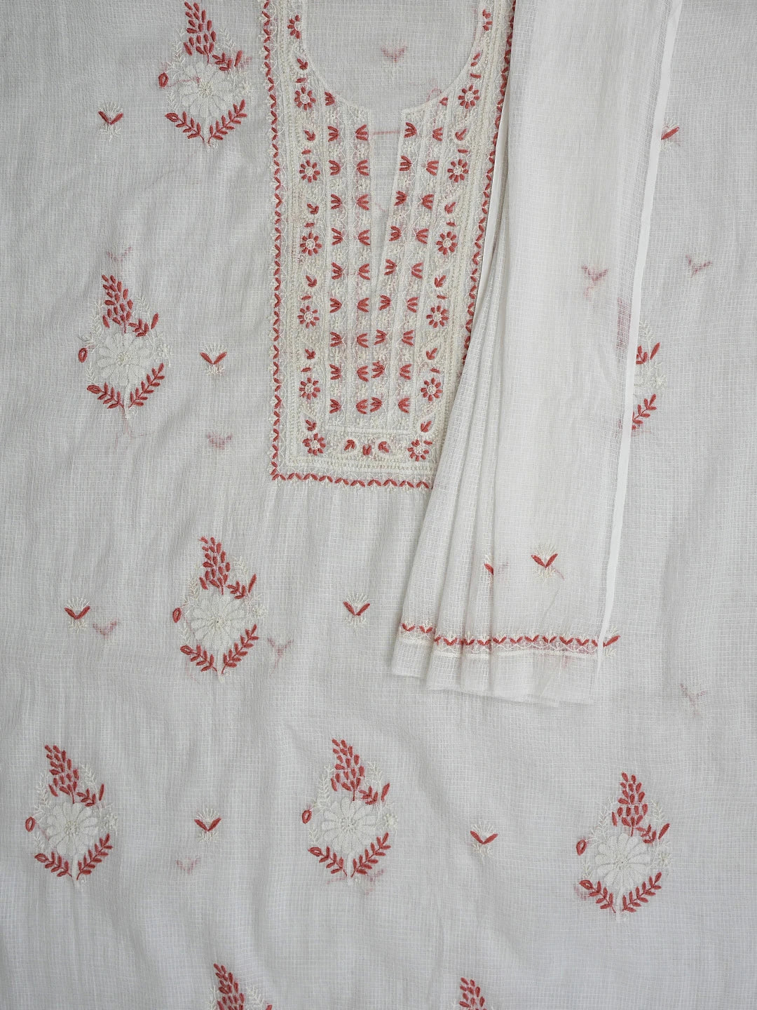 Ada Hand Embroidered White Kota Lucknowi Chikankari Unstitched Kurta Dupatta Set 01A395922