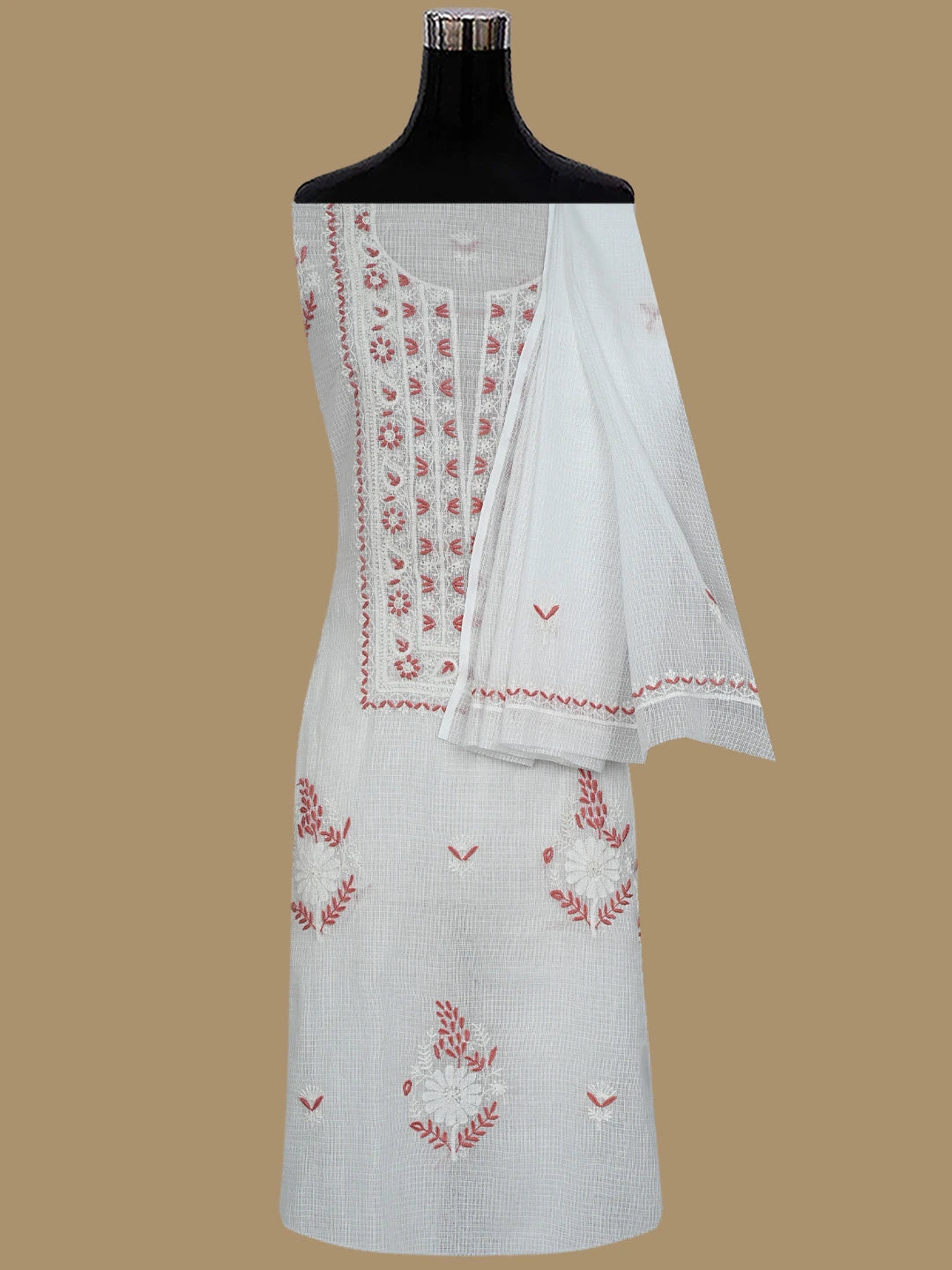 Ada Hand Embroidered White Kota Lucknowi Chikankari Unstitched Kurta Dupatta Set 01A395922