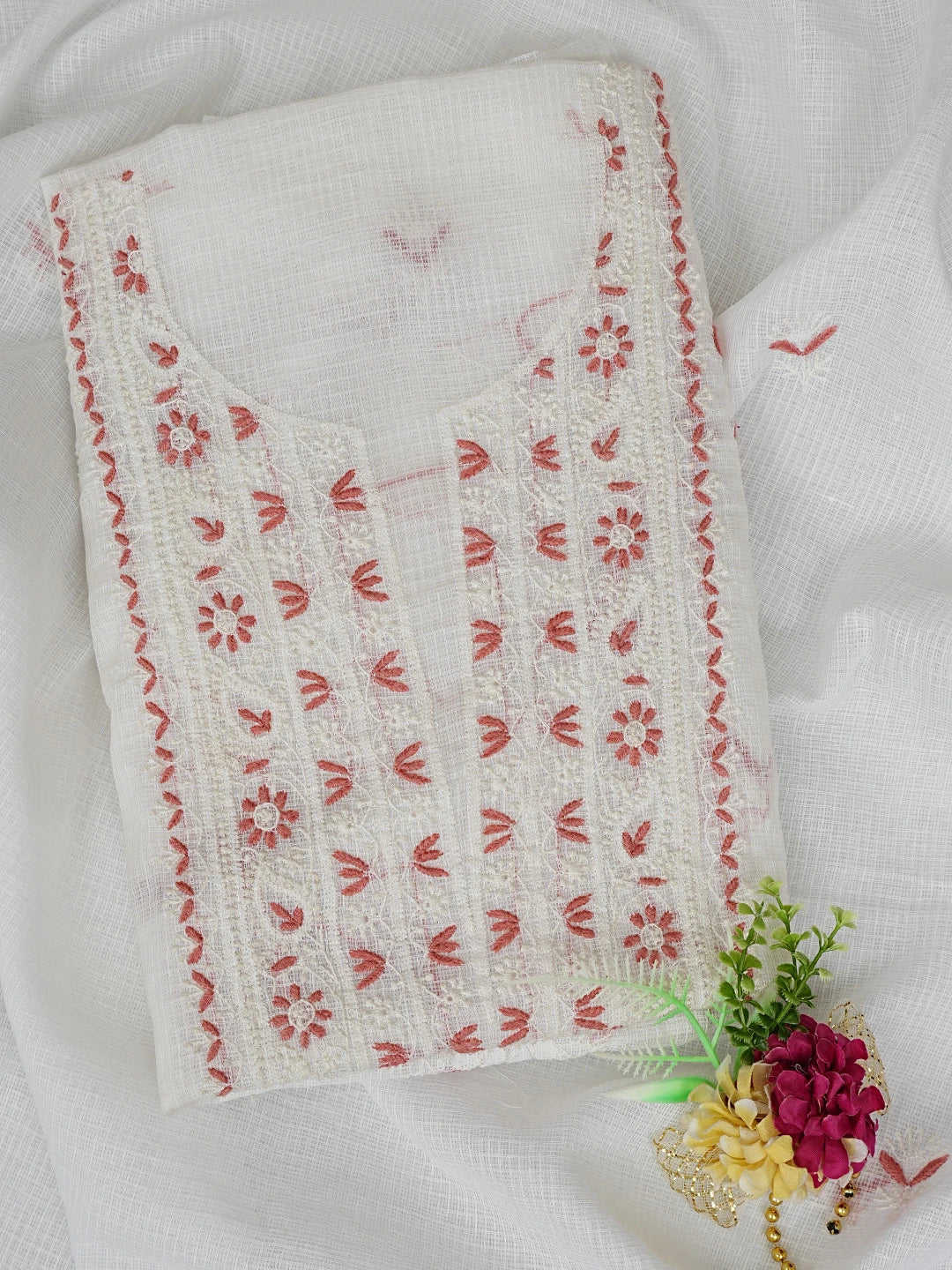 Ada Hand Embroidered White Kota Lucknowi Chikankari Unstitched Kurta Dupatta Set 01A395922