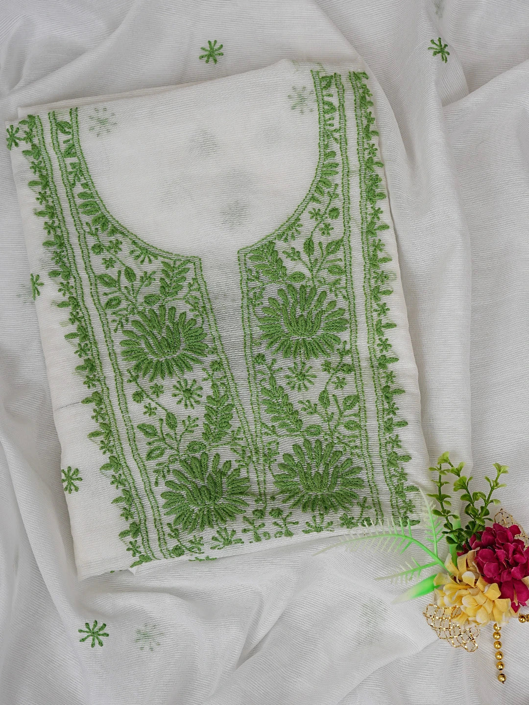 Ada Hand Embroidered White Super Net Lucknowi Chikankari Unstitched Kurta Dupatta Set 01A466481