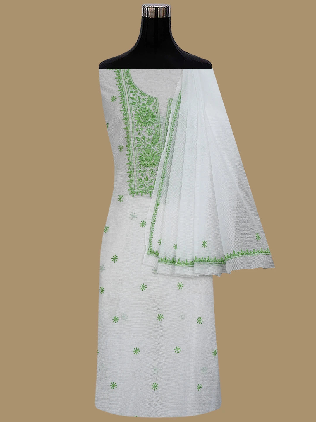 Ada Hand Embroidered White Super Net Lucknowi Chikankari Unstitched Kurta Dupatta Set 01A466481