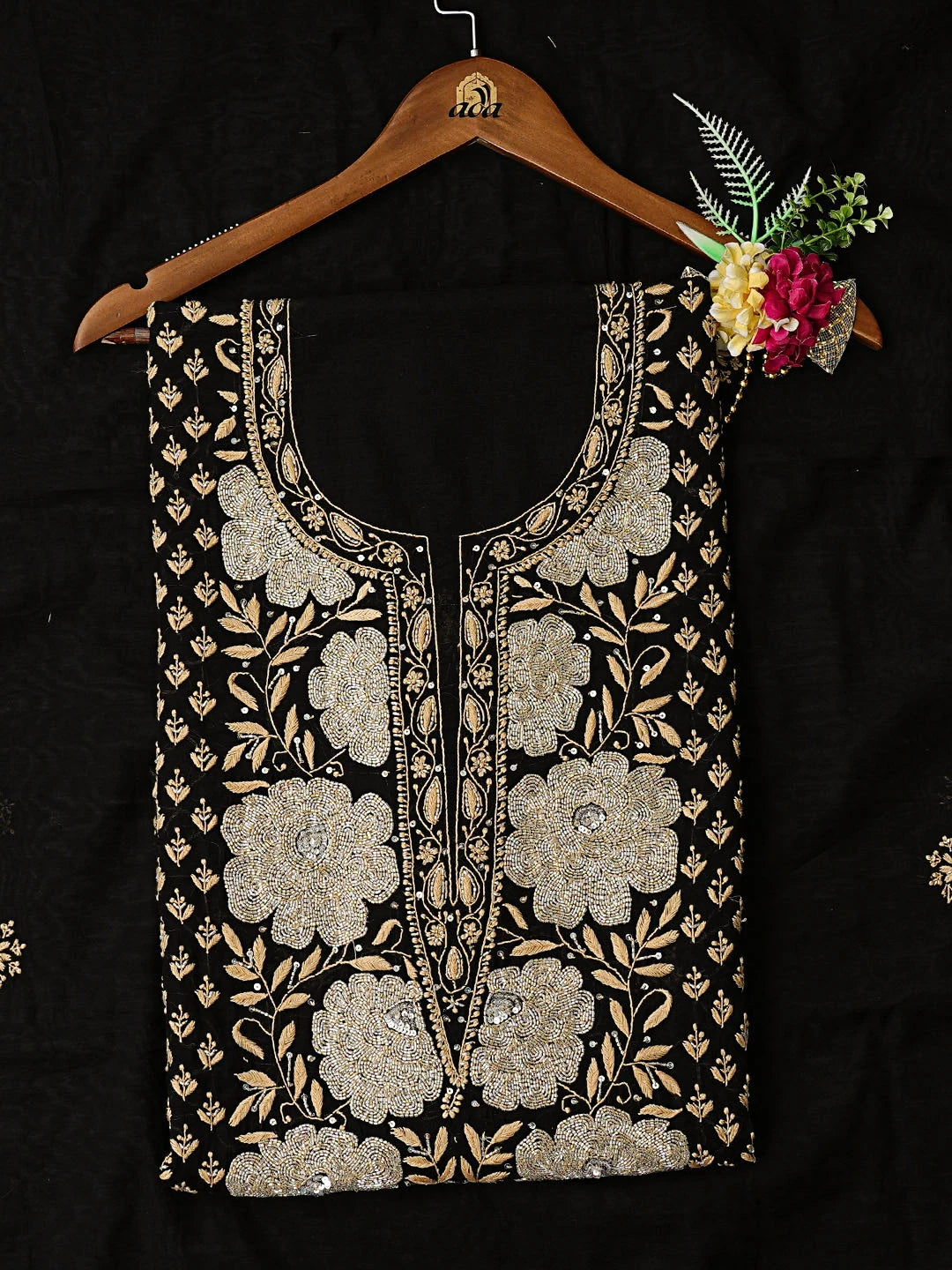 Ada Hand Embroidered Black Chanderi Lucknowi Chikankari Unstitched Kurta Dupatta Set With Cutdana Work 01A841572