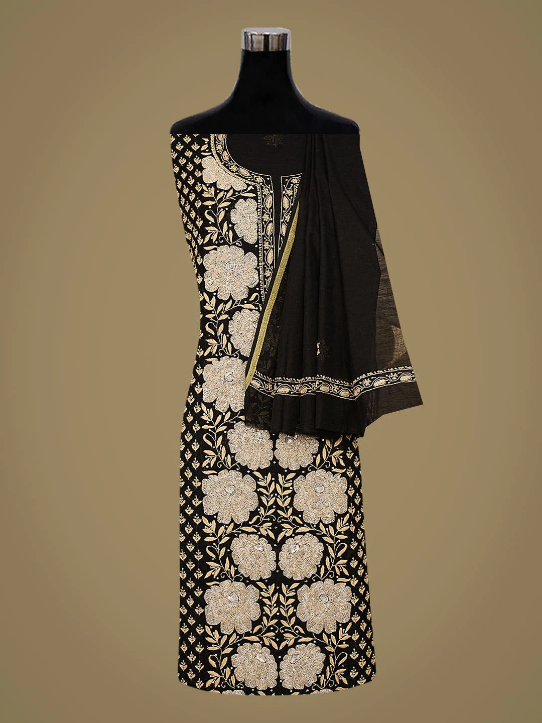 Ada Hand Embroidered Black Chanderi Lucknowi Chikankari Unstitched Kurta Dupatta Set With Cutdana Work 01A841572