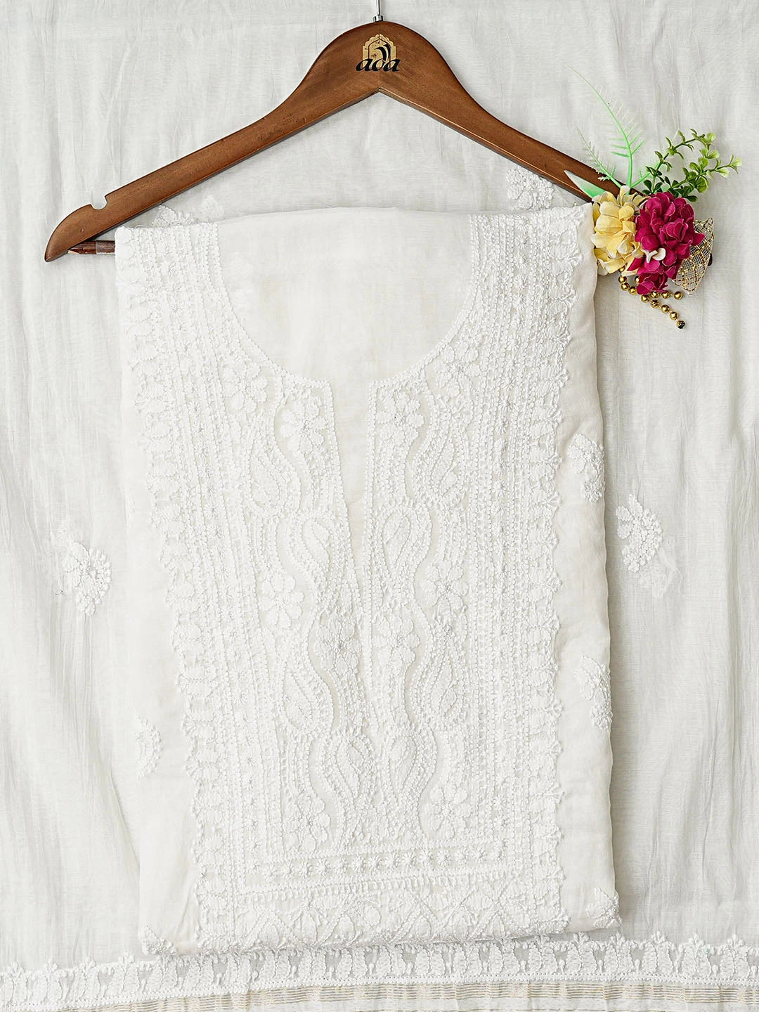 Ada Hand Embroidered White Chanderi Lucknowi Chikankari Unstitched Kurta Dupatta Set 01A850053