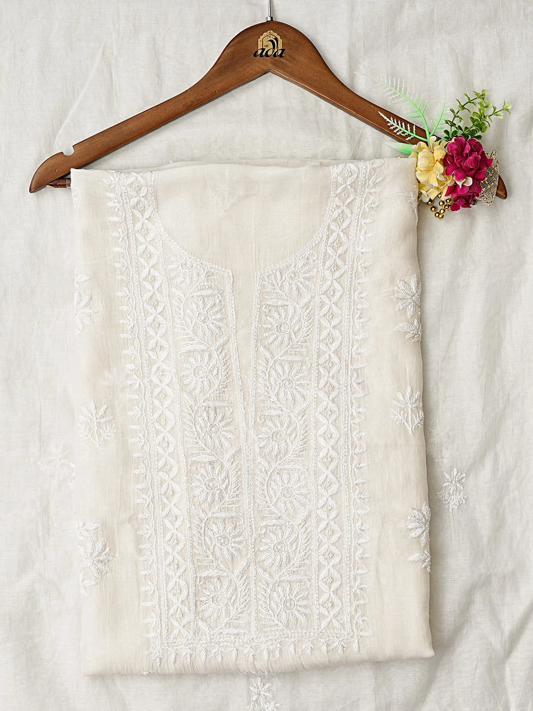 Ada Hand Embroidered White Chanderi Lucknowi Chikankari Unstitched Kurta Dupatta Set With Cutdana Work 01A858804
