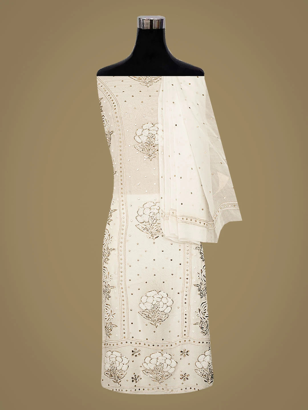 Ada Hand Embroidered White Viscose Georgette Lucknowi Chikankari Unstitched Kurta Dupatta Set With Mukaish Work 01A826495