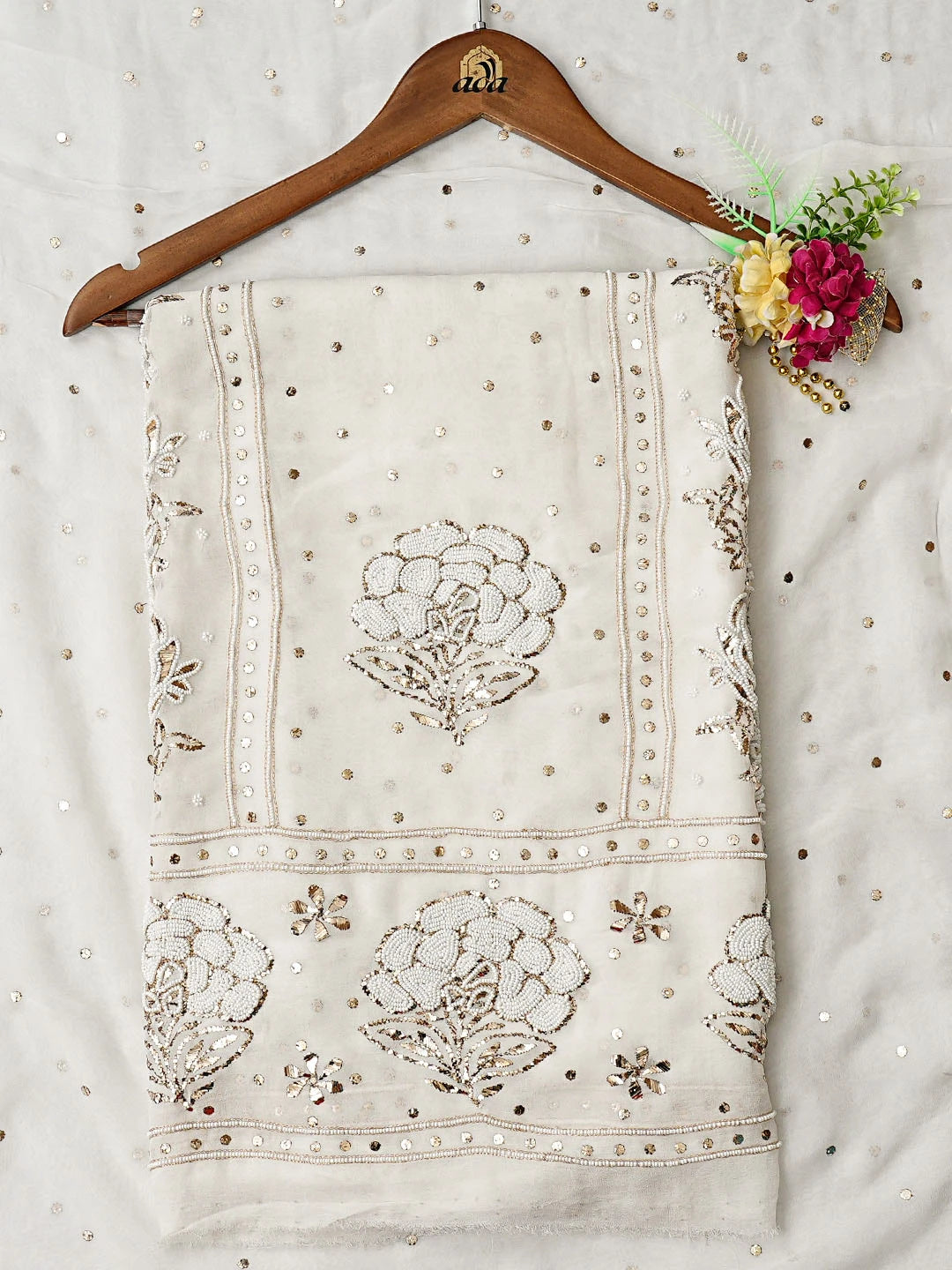 Ada Hand Embroidered White Viscose Georgette Lucknowi Chikankari Unstitched Kurta Dupatta Set With Mukaish Work 01A826495