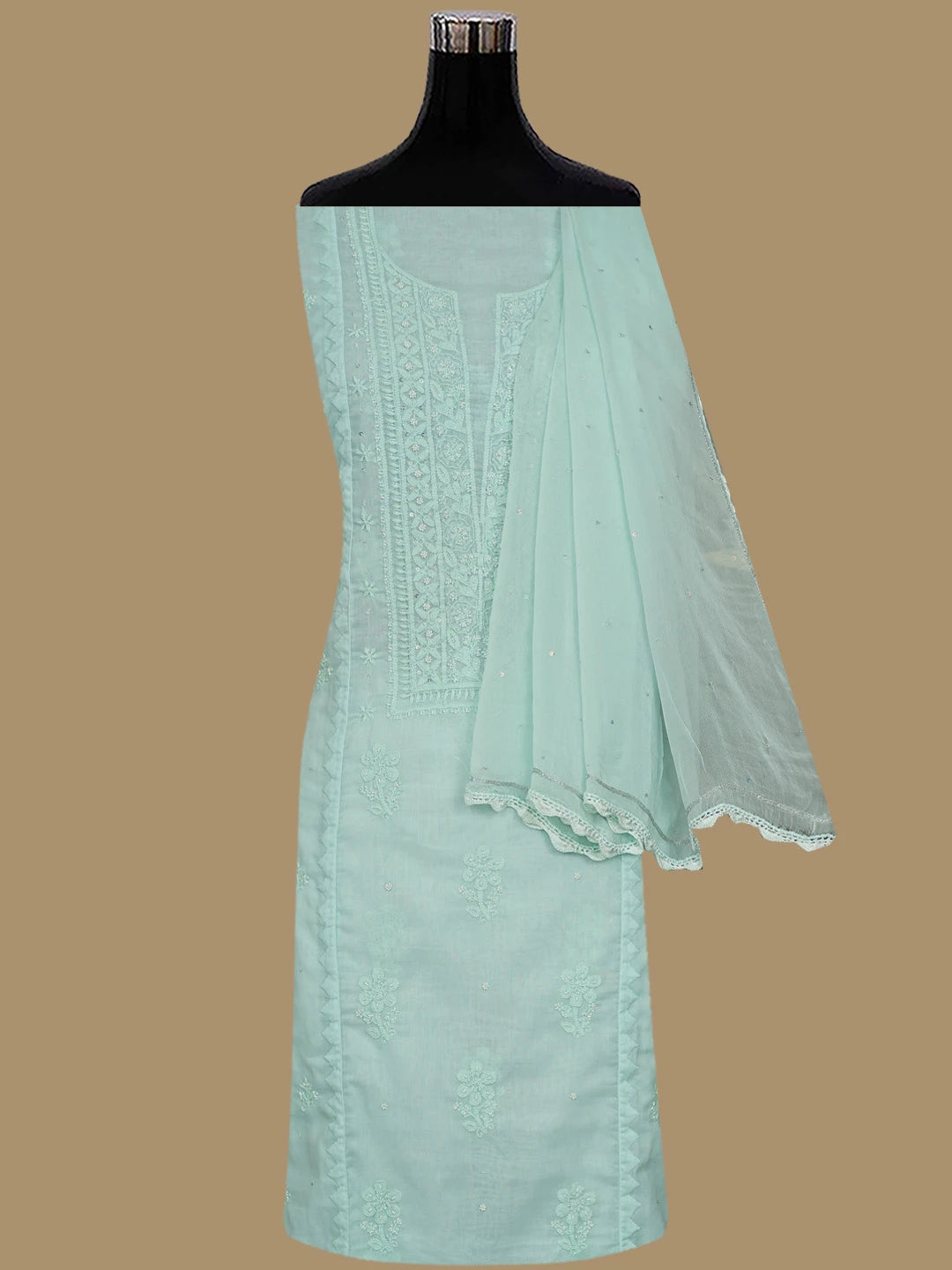 Ada Hand Embroidered Seafoam Green  Cotton Lucknowi Chikankari Semi-Stitched Kurta Dupatta Set 01A124726