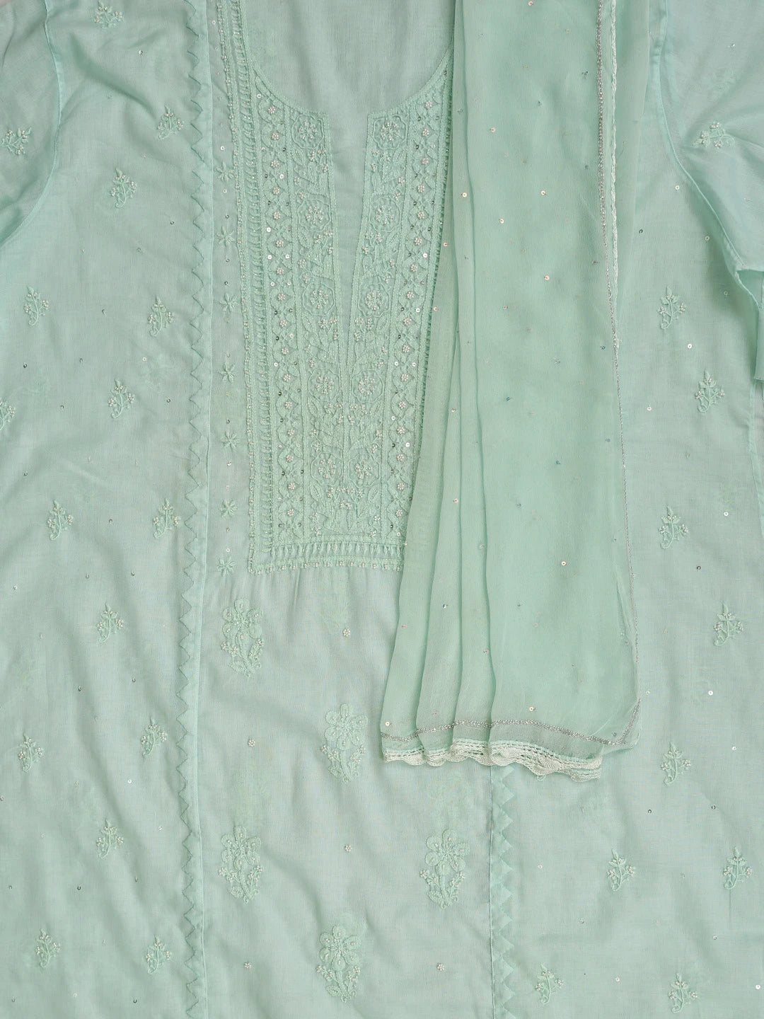 Ada Hand Embroidered Seafoam Green  Cotton Lucknowi Chikankari Semi-Stitched Kurta Dupatta Set 01A124726
