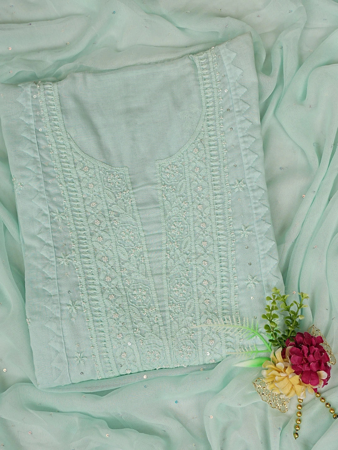Ada Hand Embroidered Seafoam Green  Cotton Lucknowi Chikankari Semi-Stitched Kurta Dupatta Set 01A124726