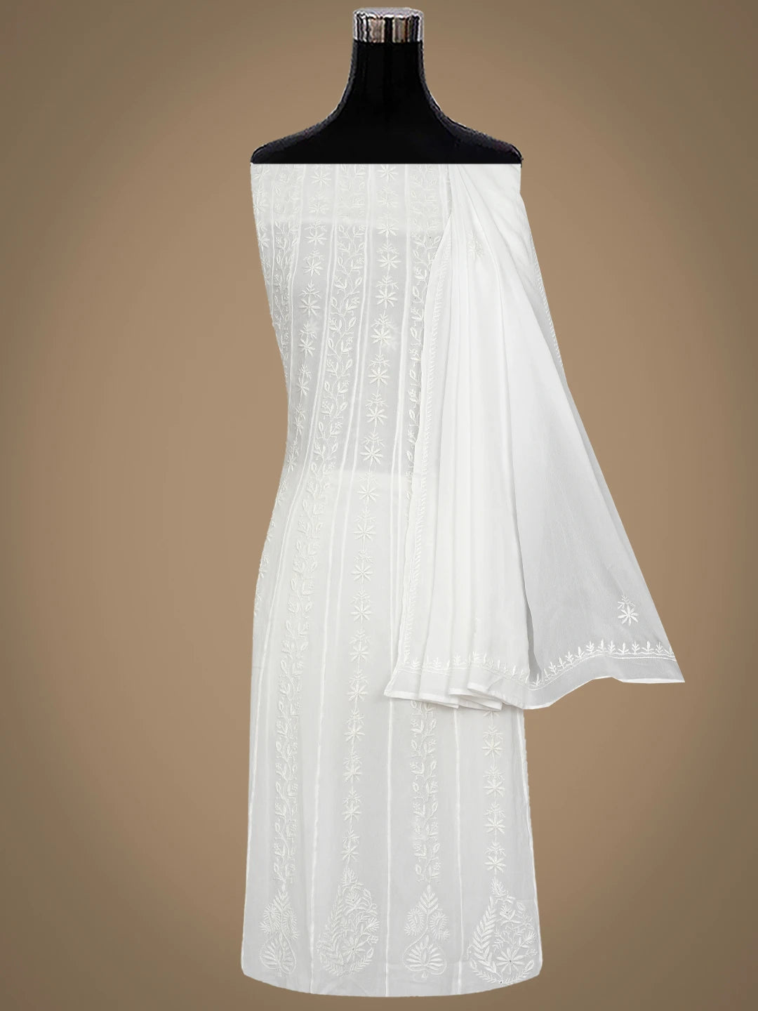 Ada Hand Embroidered White Viscose Georgette Lucknowi Chikankari Semi-Stitched Anarkali Kurta Dupatta Set 01A618178
