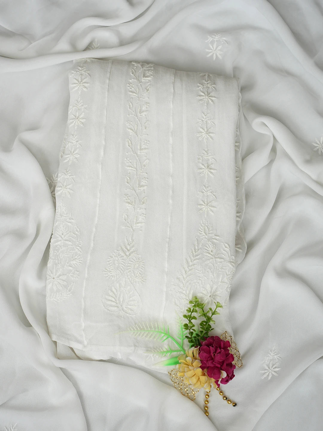 Ada Hand Embroidered White Viscose Georgette Lucknowi Chikankari Semi-Stitched Anarkali Kurta Dupatta Set 01A618178
