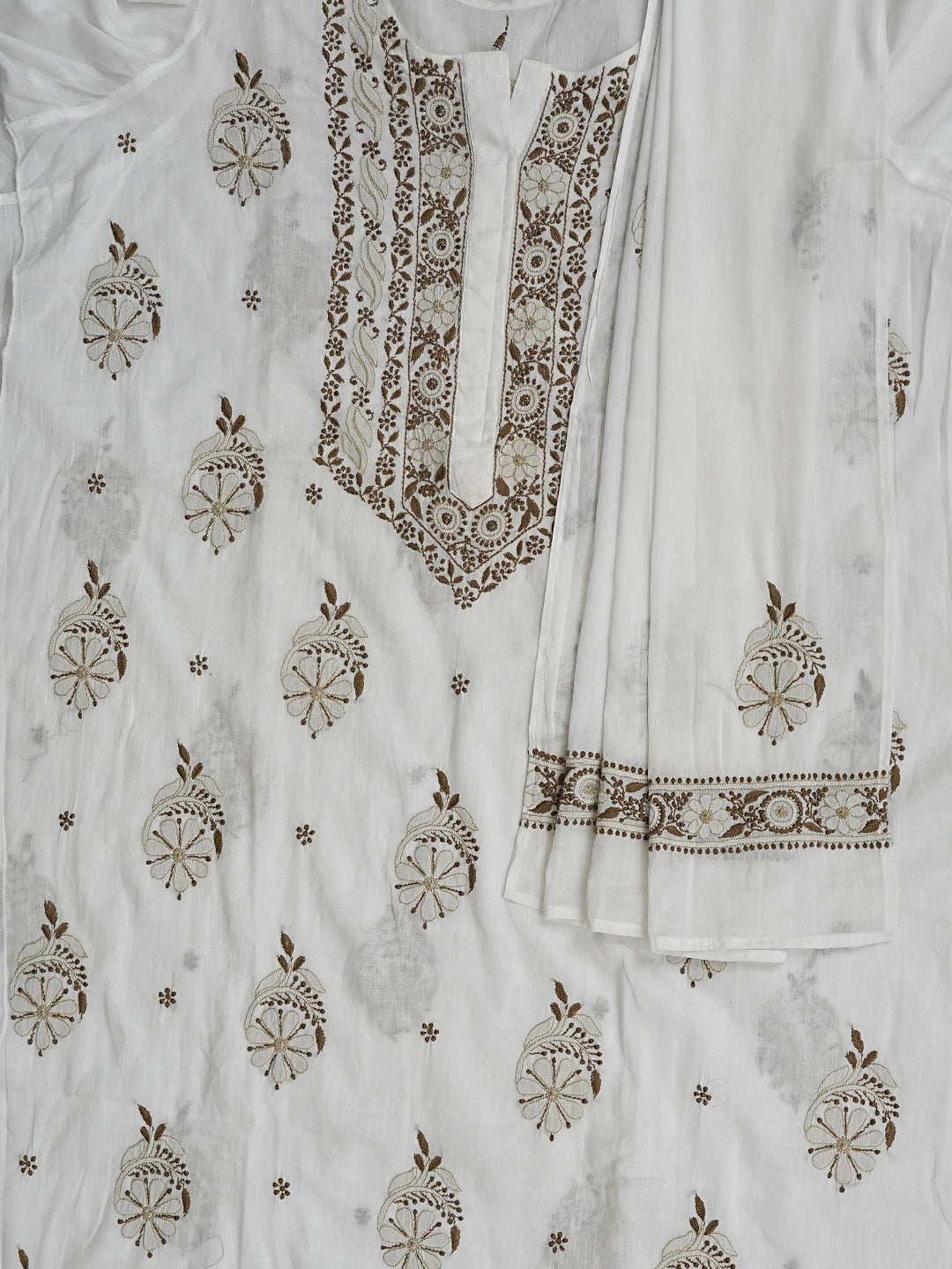 Ada Hand Embroidered White Cotton Lucknowi Chikankari Semi-Stitched Kurta Dupatta Set 01A408223
