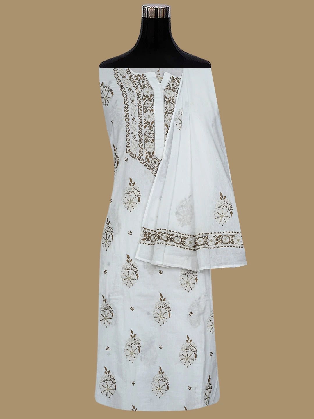 Ada Hand Embroidered White Cotton Lucknowi Chikankari Semi-Stitched Kurta Dupatta Set 01A408223