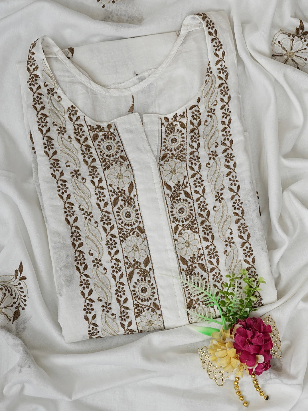Ada Hand Embroidered White Cotton Lucknowi Chikankari Semi-Stitched Kurta Dupatta Set 01A408223