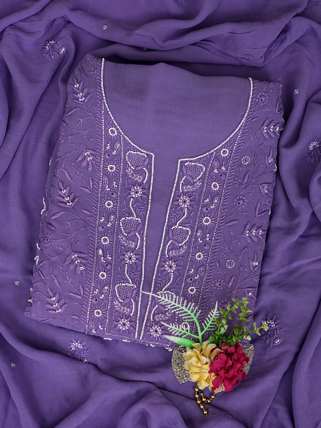 Ada Hand Embroidered Mauve Viscose Georgette Lucknowi Chikankari Unstitched Kurta Dupatta Set With Cutdana Work 01A856615