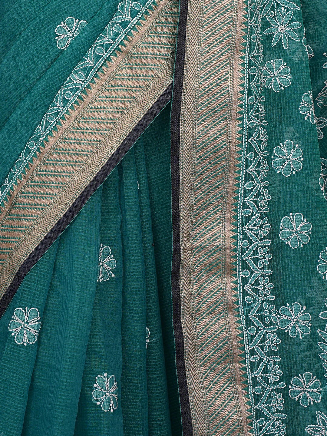 Ada Hand Embroidered Rama Green Chanderi Lucknowi Chikankari Saree With Blouse 01A863318