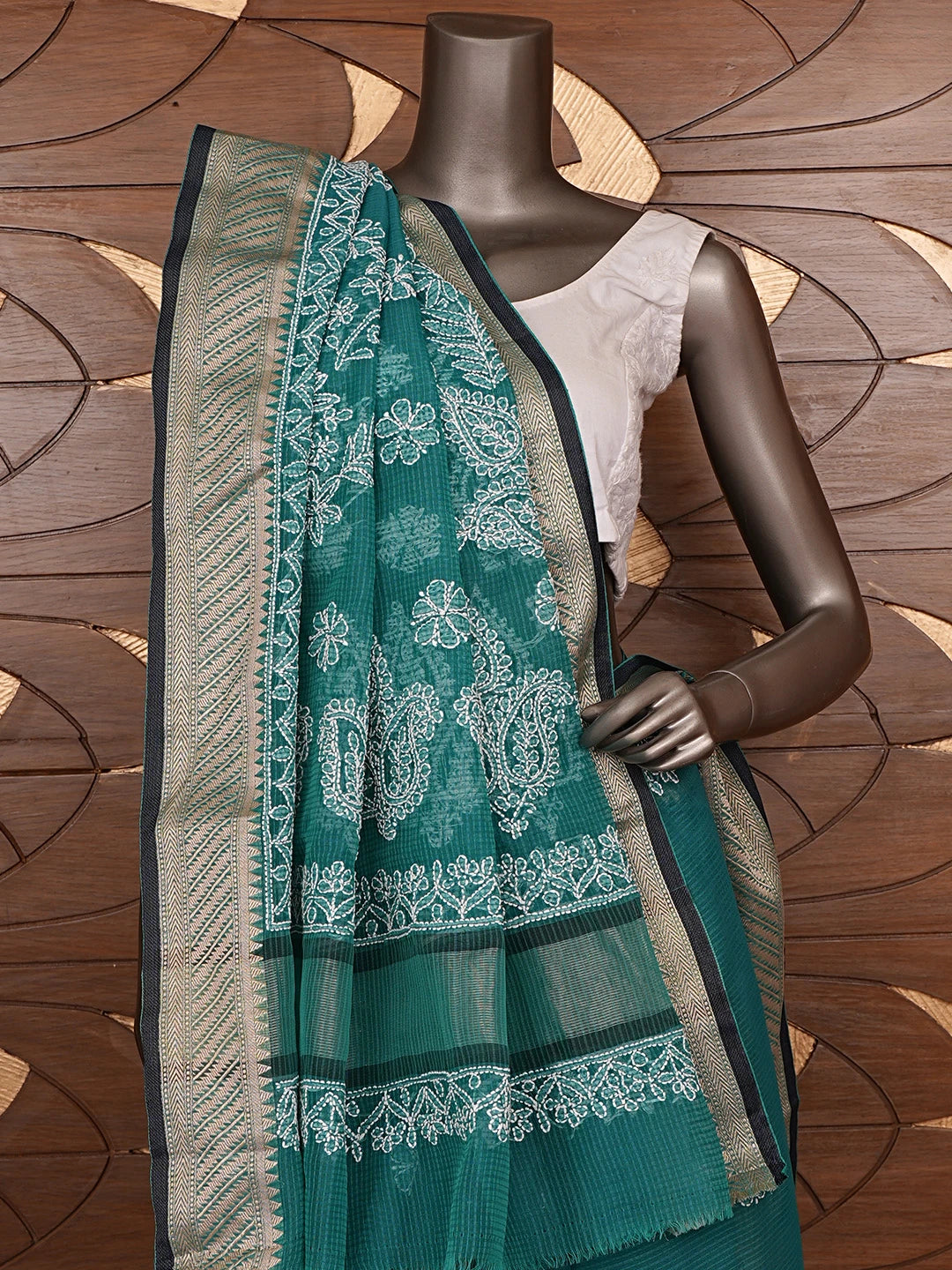 Ada Hand Embroidered Rama Green Chanderi Lucknowi Chikankari Saree With Blouse 01A863318