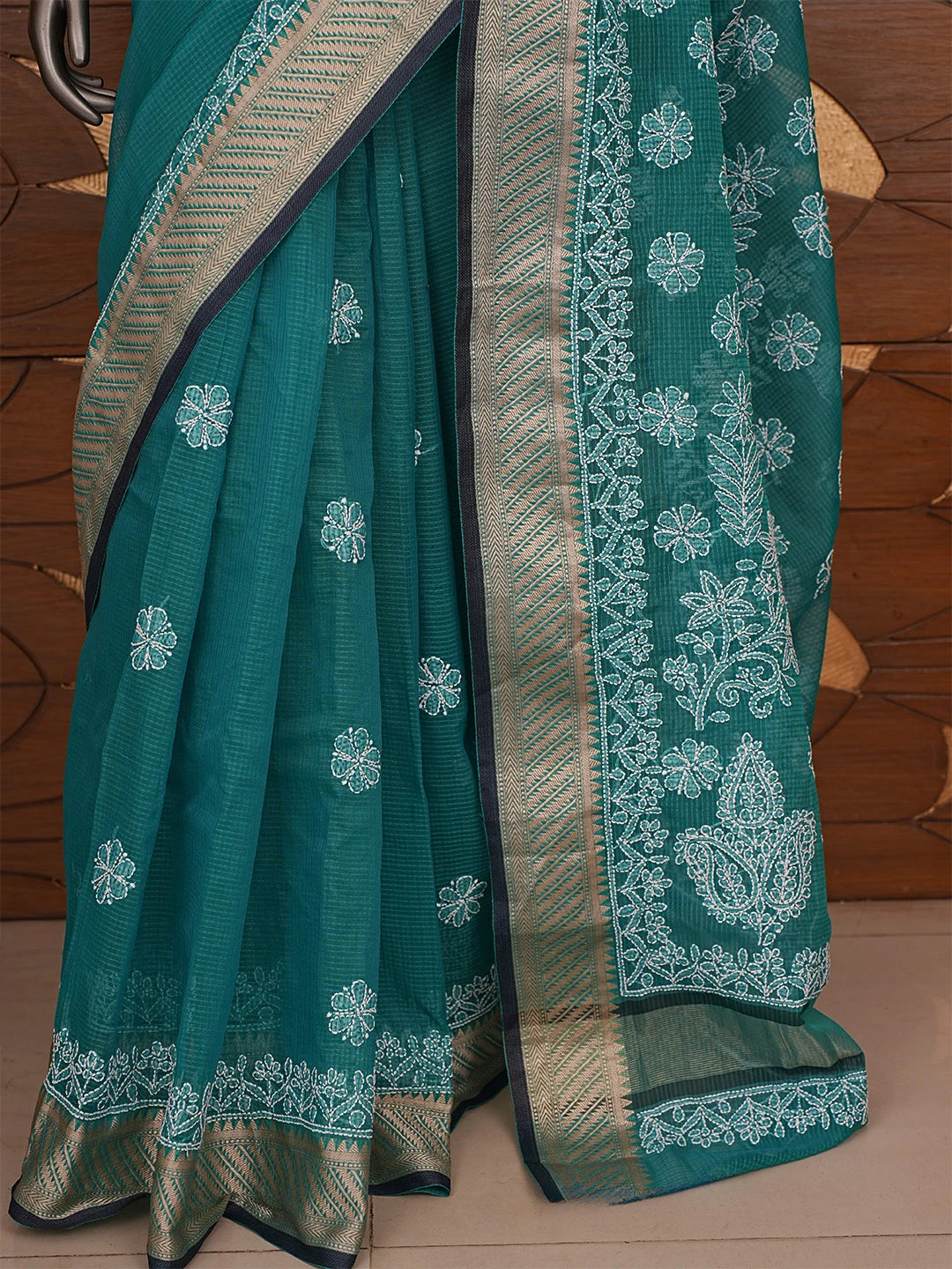 Ada Hand Embroidered Rama Green Chanderi Lucknowi Chikankari Saree With Blouse 01A863318