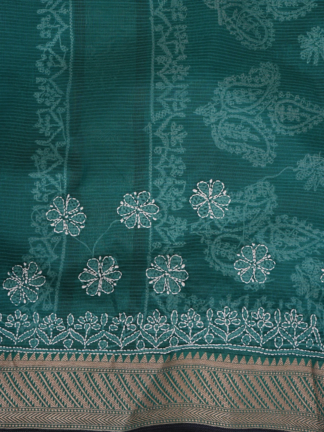 Ada Hand Embroidered Rama Green Chanderi Lucknowi Chikankari Saree With Blouse 01A863318
