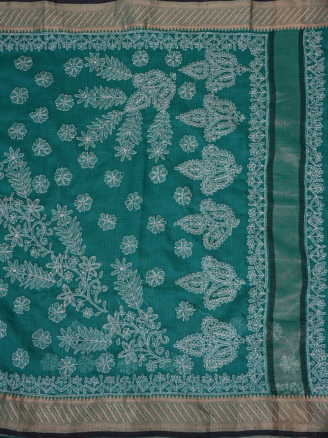 Ada Hand Embroidered Rama Green Chanderi Lucknowi Chikankari Saree With Blouse 01A863318