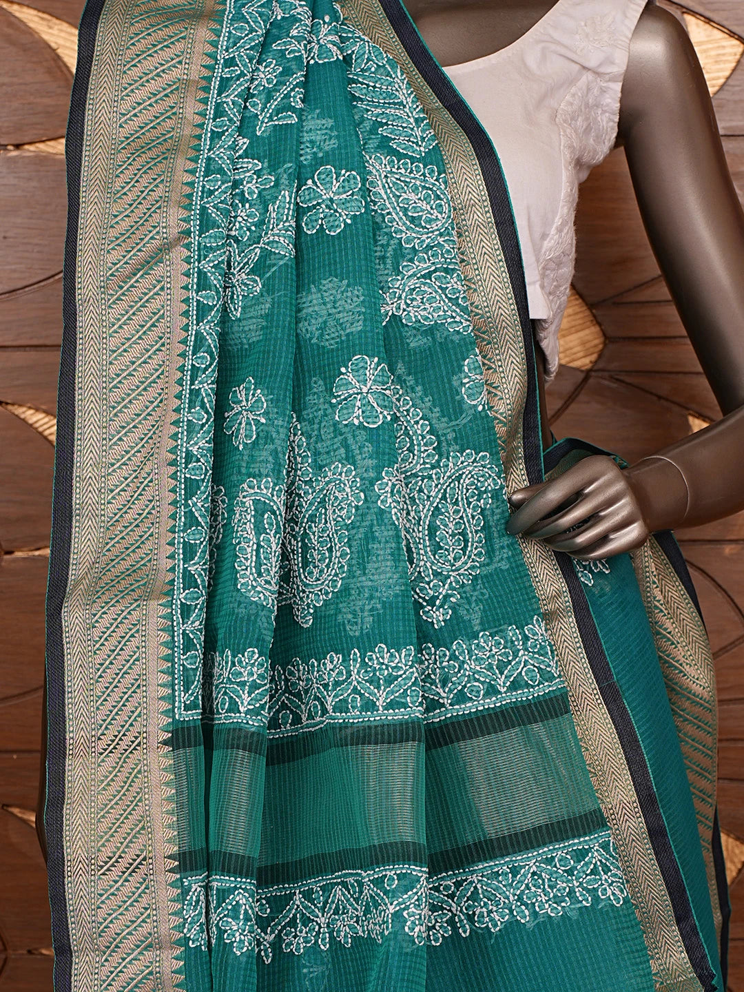 Ada Hand Embroidered Rama Green Chanderi Lucknowi Chikankari Saree With Blouse 01A863318