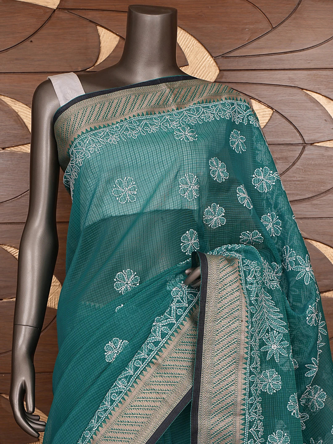 Ada Hand Embroidered Rama Green Chanderi Lucknowi Chikankari Saree With Blouse 01A863318