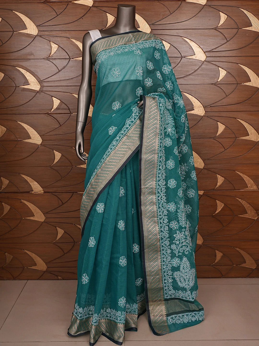 Ada Hand Embroidered Rama Green Chanderi Lucknowi Chikankari Saree With Blouse 01A863318