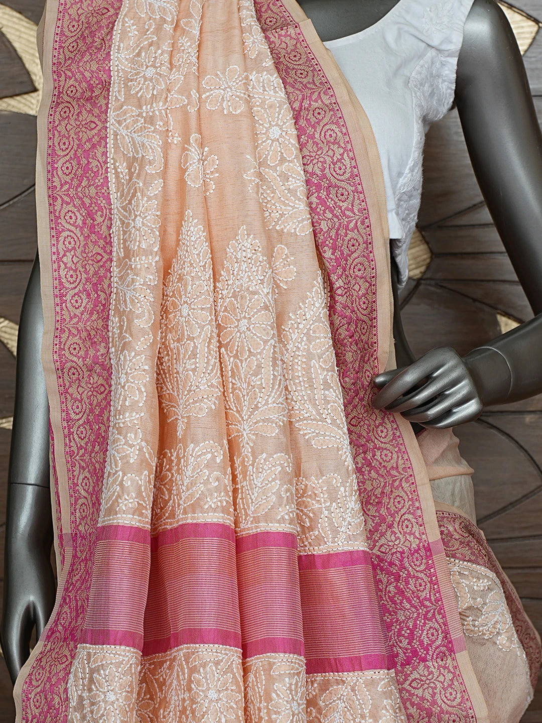 Ada Hand Embroidered Peach Chanderi Lucknowi Chikankari Saree With Blouse 01A863178