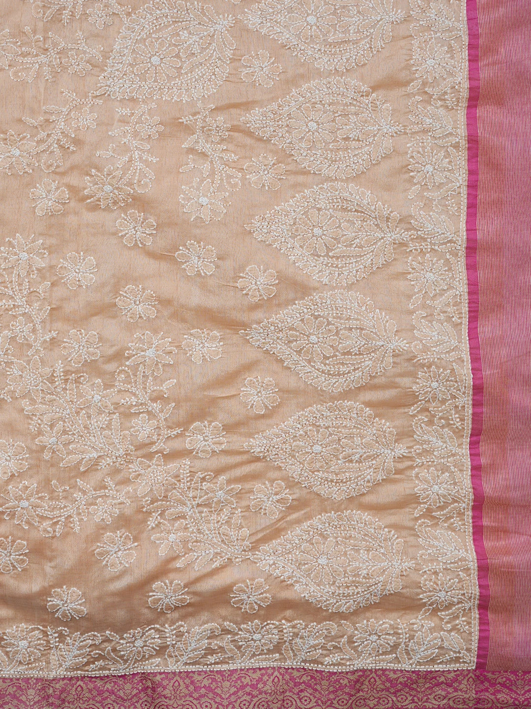 Ada Hand Embroidered Peach Chanderi Lucknowi Chikankari Saree With Blouse 01A863178