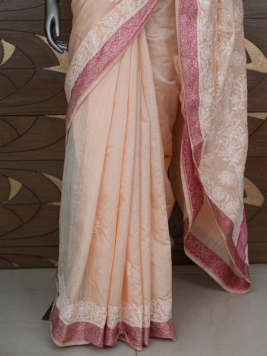 Ada Hand Embroidered Peach Chanderi Lucknowi Chikankari Saree With Blouse 01A863178