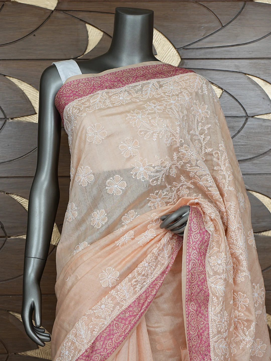Ada Hand Embroidered Peach Chanderi Lucknowi Chikankari Saree With Blouse 01A863178