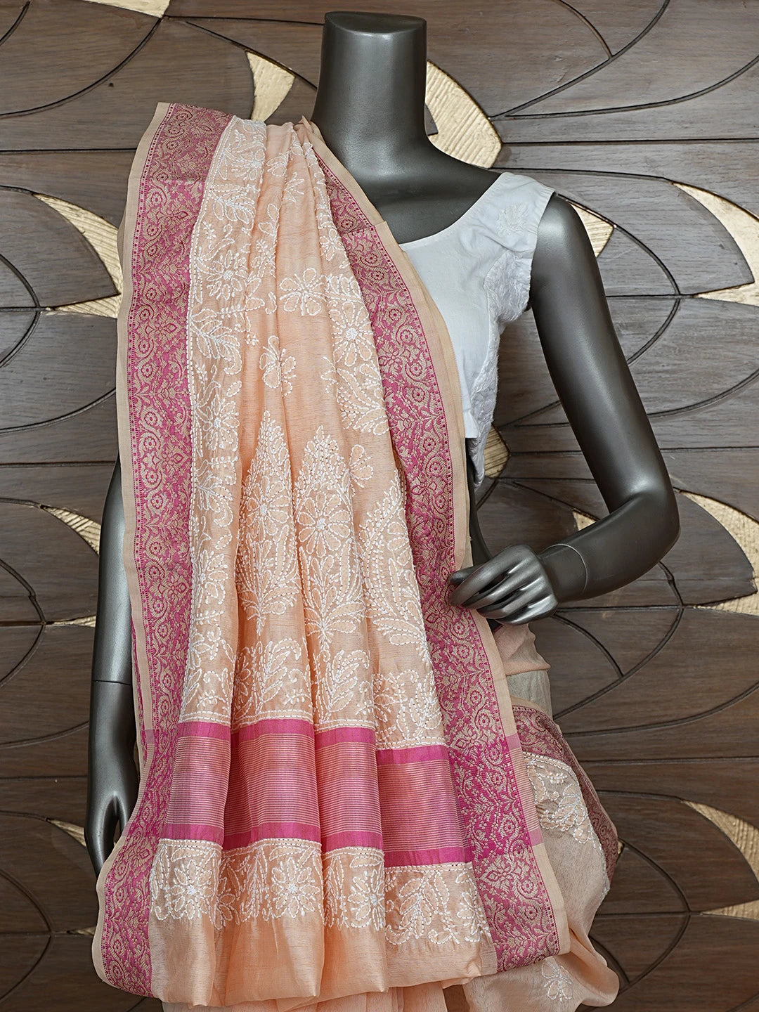 Ada Hand Embroidered Peach Chanderi Lucknowi Chikankari Saree With Blouse 01A863178