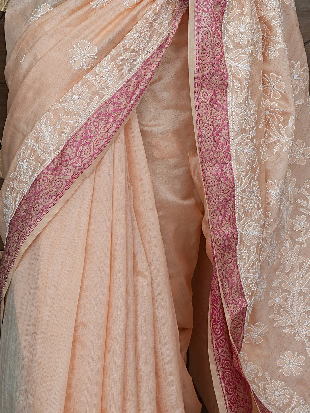 Ada Hand Embroidered Peach Chanderi Lucknowi Chikankari Saree With Blouse 01A863178