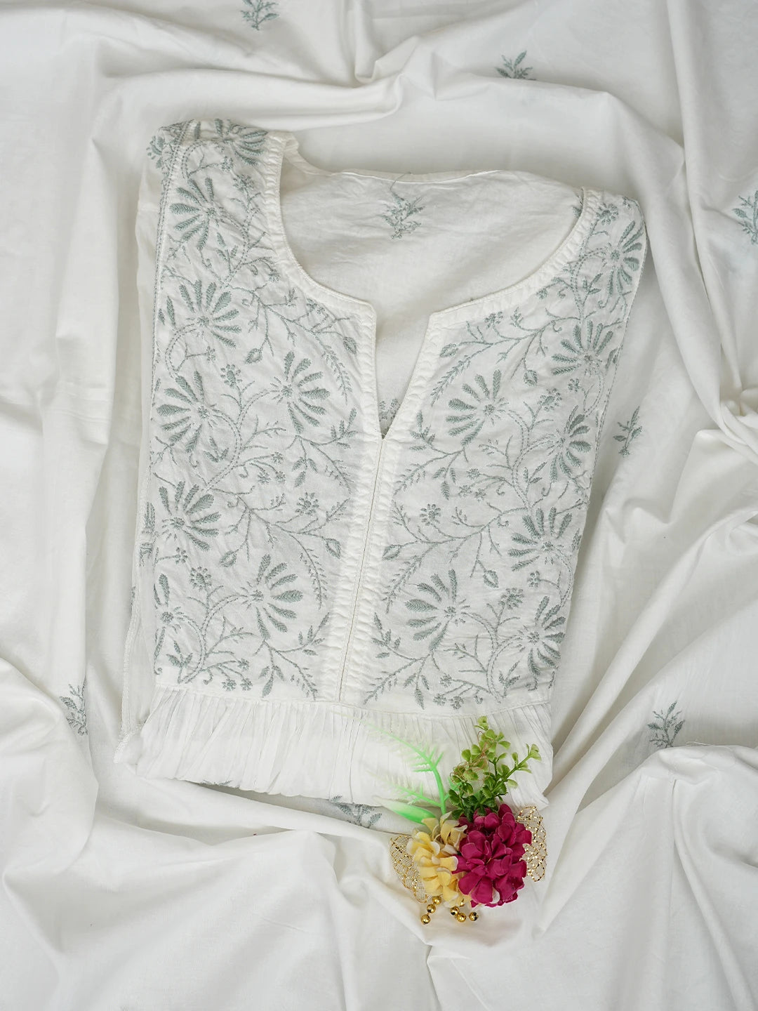 Ada Hand Embroidered White Cotton Lucknowi Chikankari Semi-Stitched Kurta Dupatta Set 01A430902