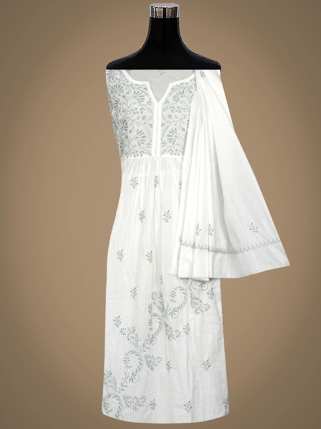 Ada Hand Embroidered White Cotton Lucknowi Chikankari Semi-Stitched Kurta Dupatta Set 01A430902